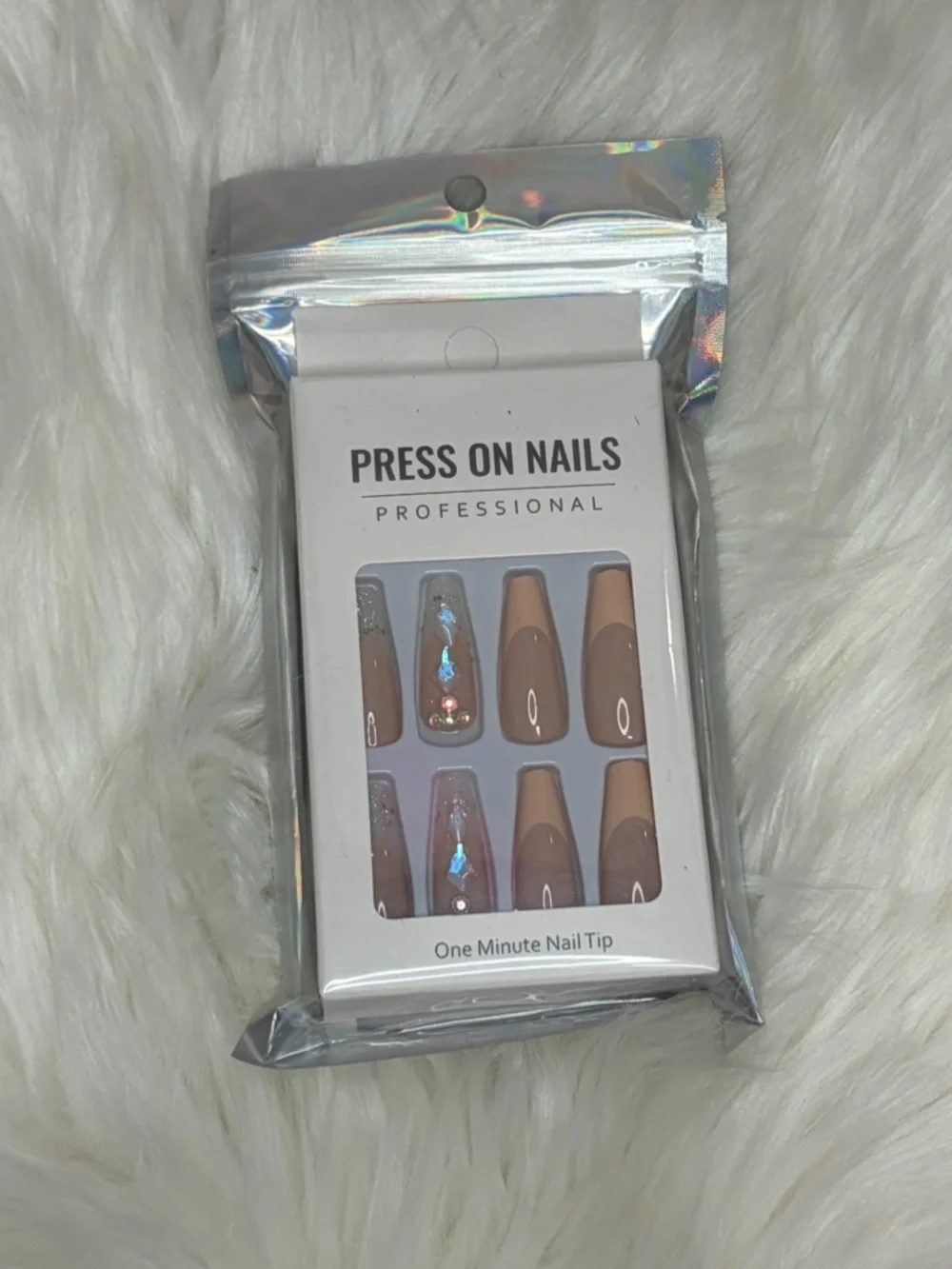 Press On Nails Professional Nude Coffin Press-Ons with Iridescent Accents